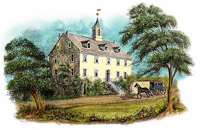 Lower Merion Academy building with horse-drawn carriage in front