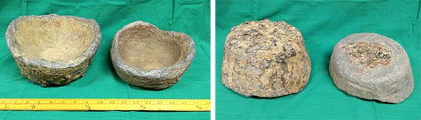 2 rough stone pots, top and bottom views