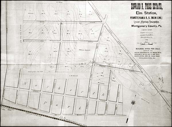 map showing streets and contour lines, advertising building sites for sale